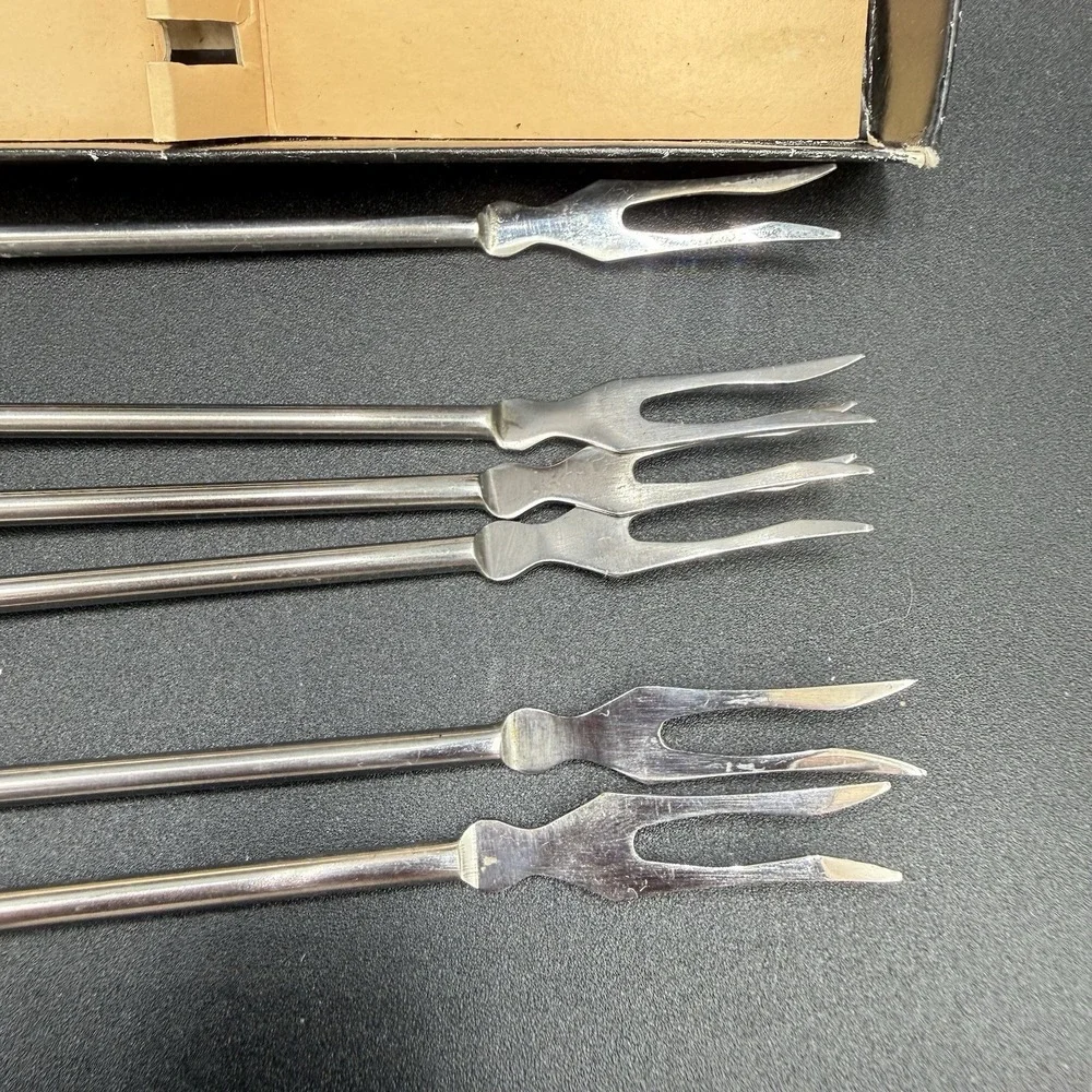 Set Of 6 Vintage 1960/1970 MCM Wooden Handled Fondue Forks Orig Box Japan No Lid